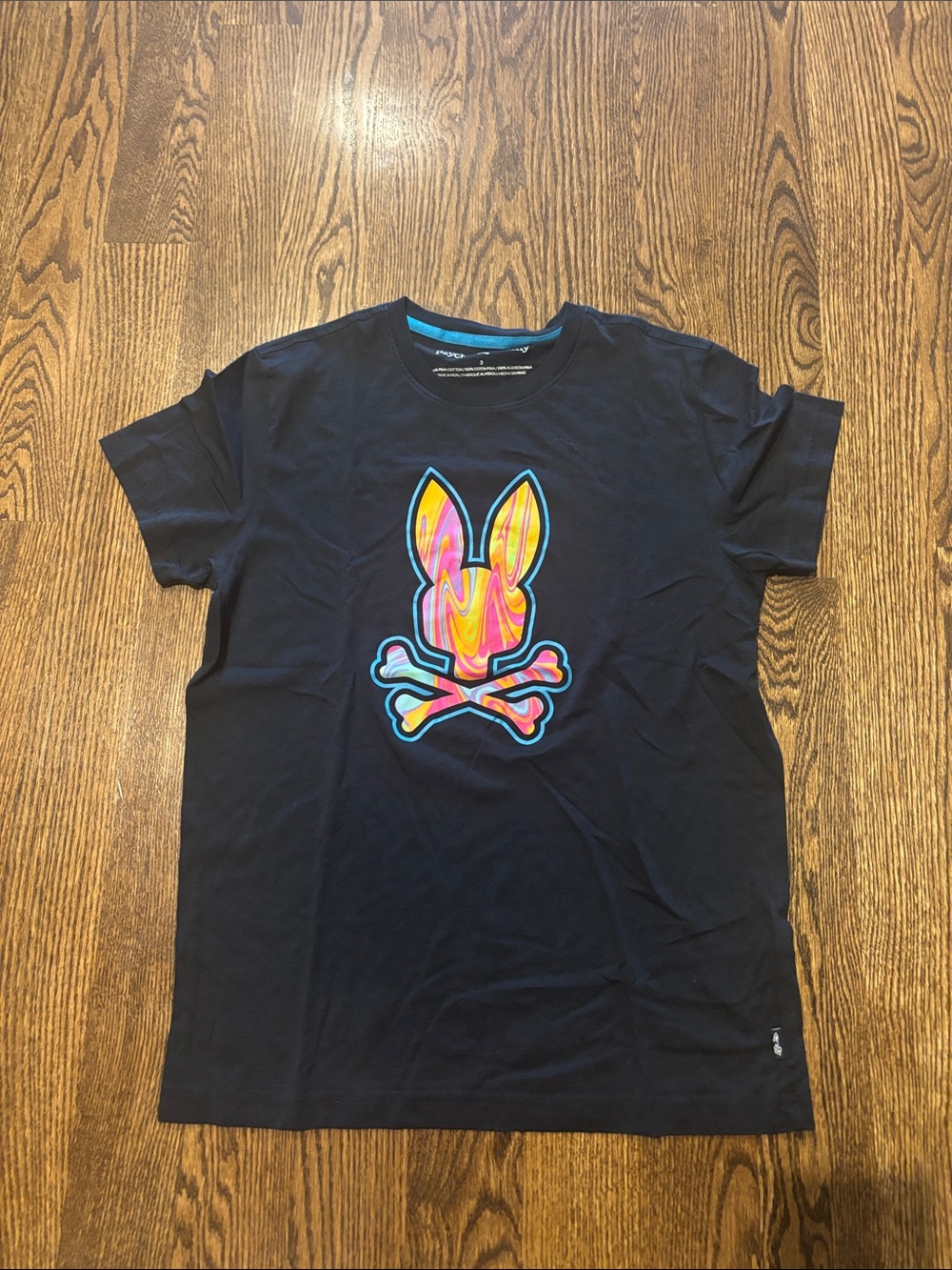 Psycho Bunny Black Tee with Neon Multicolor Bunny Skull Graphic
